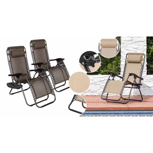 Nulová gravitační zahradní židle s držákem na sklenici, 2 ks - hnědá