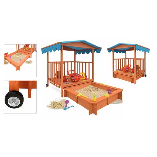 Dřevěný hrací domeček se stříškou a pískovištěm