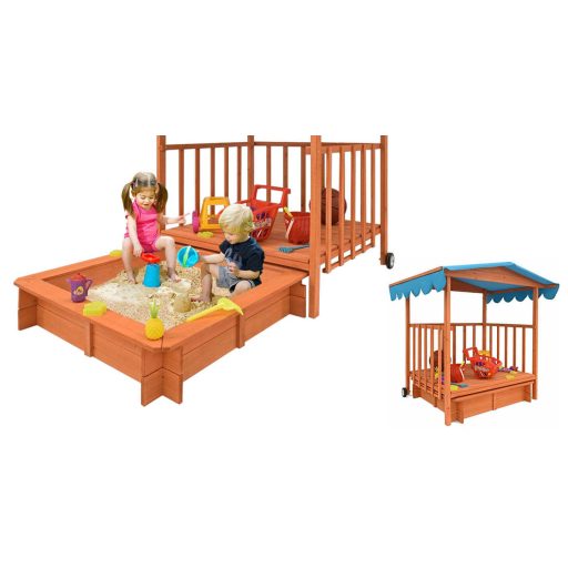 Dřevěný hrací domeček se stříškou a pískovištěm