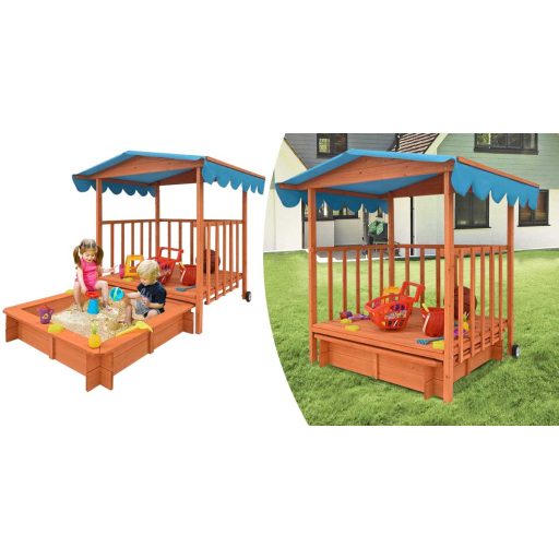 Dřevěný hrací domeček se stříškou a pískovištěm