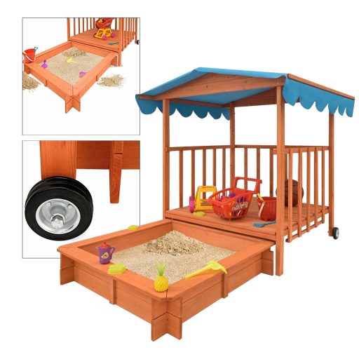 Dřevěný hrací domeček se stříškou a pískovištěm