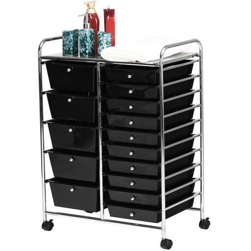  Pojízdný úložný vozík s 15 zásuvkami ve více barvách-černý