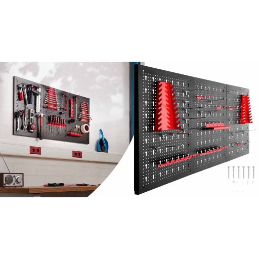 Kovový nástěnný organizér na nářadí s háčky a úložným prostorem