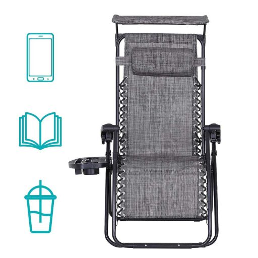 Nulová gravitační zahradní židle se stříškou a držákem na sklenici, 2 ks ve více barvách-šedá