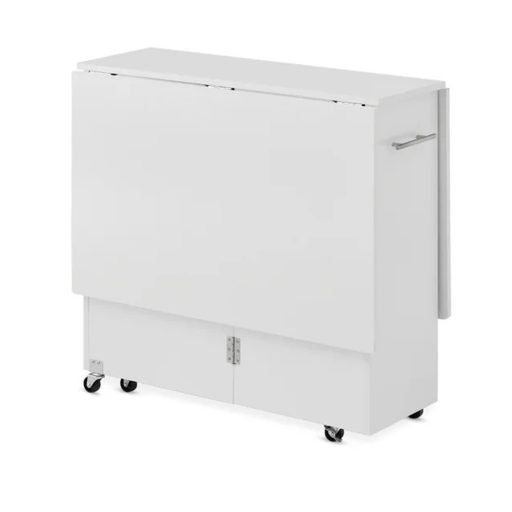 Skládací, pojízdný stůl s policemi a otevírací deskou stolu, bílý