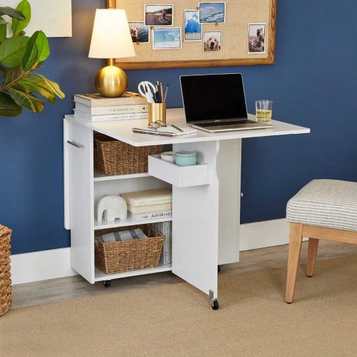 Skládací, pojízdný stůl s policemi a otevírací deskou stolu, bílý