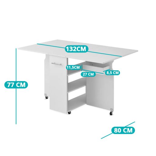 Skládací, pojízdný stůl s policemi a otevírací deskou stolu, bílý