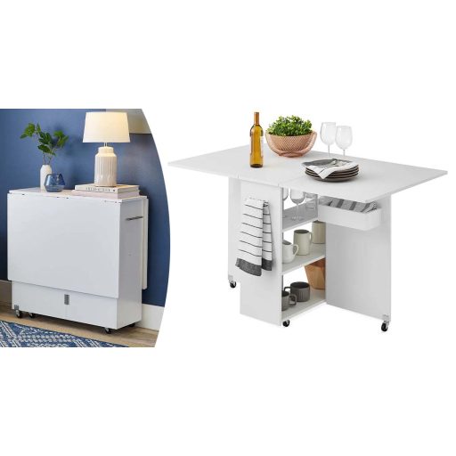Skládací, pojízdný stůl s policemi a otevírací deskou stolu, bílý
