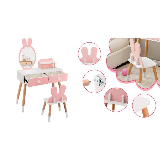 Dětský toaletní stolek s králíkem, zrcadlem a židlí