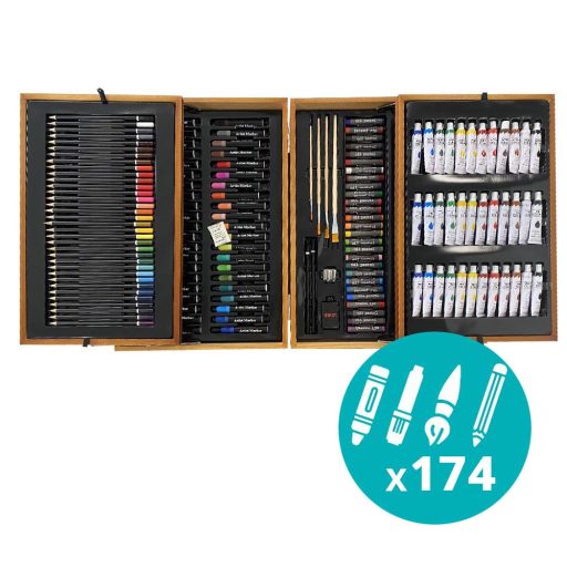 174dílná sada na malování a kreslení v praktické dřevěné dárkové krabičce