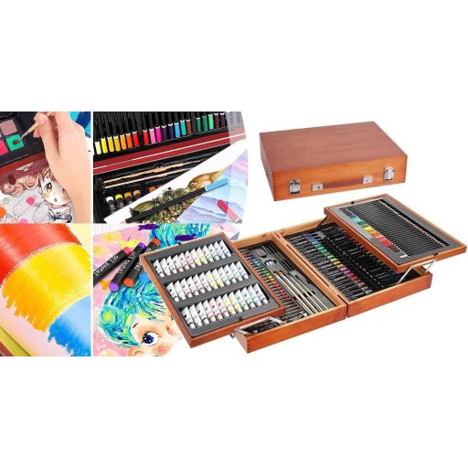 174dílná sada na malování a kreslení v praktické dřevěné dárkové krabičce