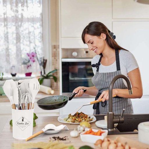 14dílná sada kuchyňského náčiní, se žáruvzdornou silikonovou hlavou, držákem, bílá