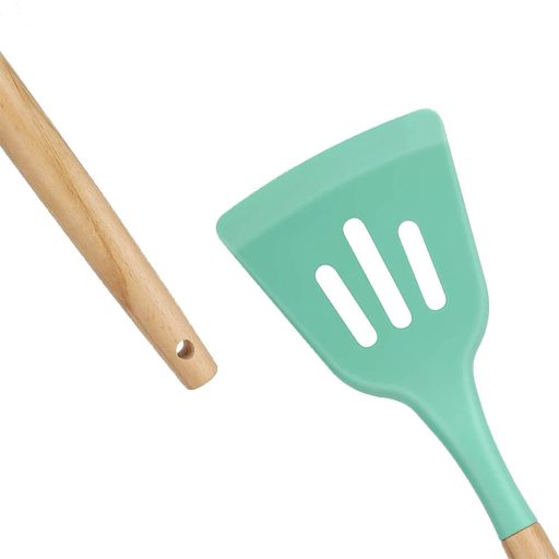 14-dílný kuchyňský náčiní s tepelně odolnými silikonovými hlavami, stojánkem, tyrkysová