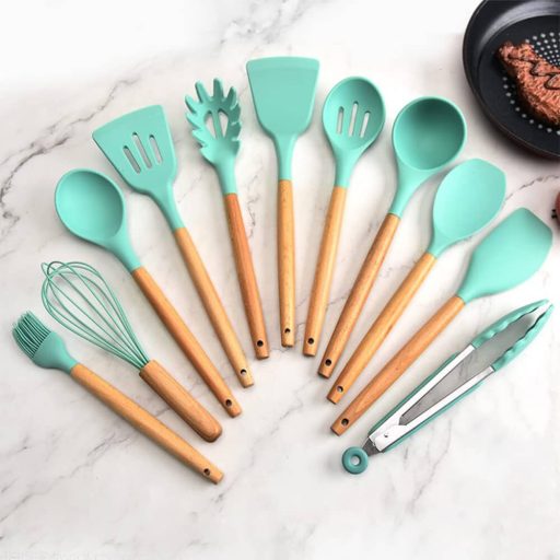 14-dílný kuchyňský náčiní s tepelně odolnými silikonovými hlavami, stojánkem, tyrkysová
