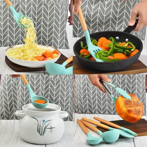 14-dílný kuchyňský náčiní s tepelně odolnými silikonovými hlavami, stojánkem, tyrkysová