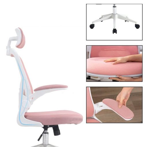 Ergonomická kancelářská židle s bederní opěrkou a opěrkou hlavy, růžová