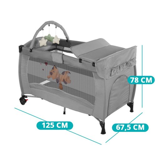 Cestovní postýlka s přebalovací podložkou a hračkovým obloukem, šedá
