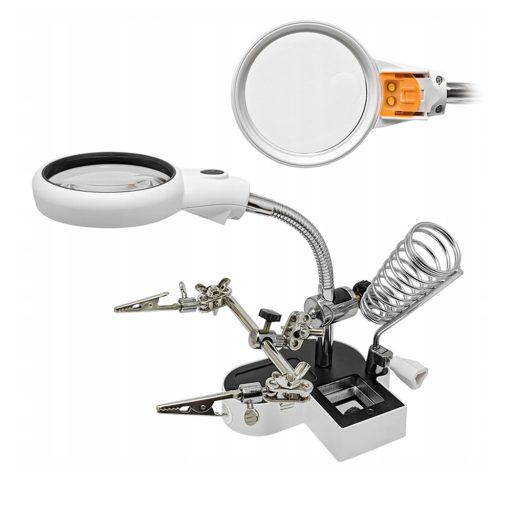 Třetí ruka s LED lupou, svorkami a držákem na páječku