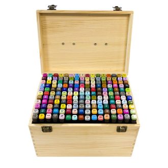   Sada alkoholových markerů s dvojitým hrotem, v dřevěné krabičce, 176 ks