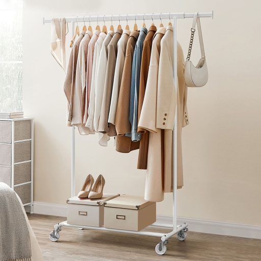 Výškově nastavitelný pojízdný věšák na oblečení, bílý